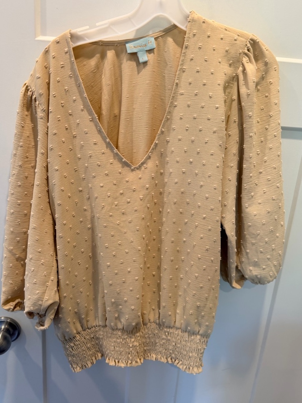 Veronica M Beige Swiss Dot Blouse Large V Neck Smocked Hem Boho Top L